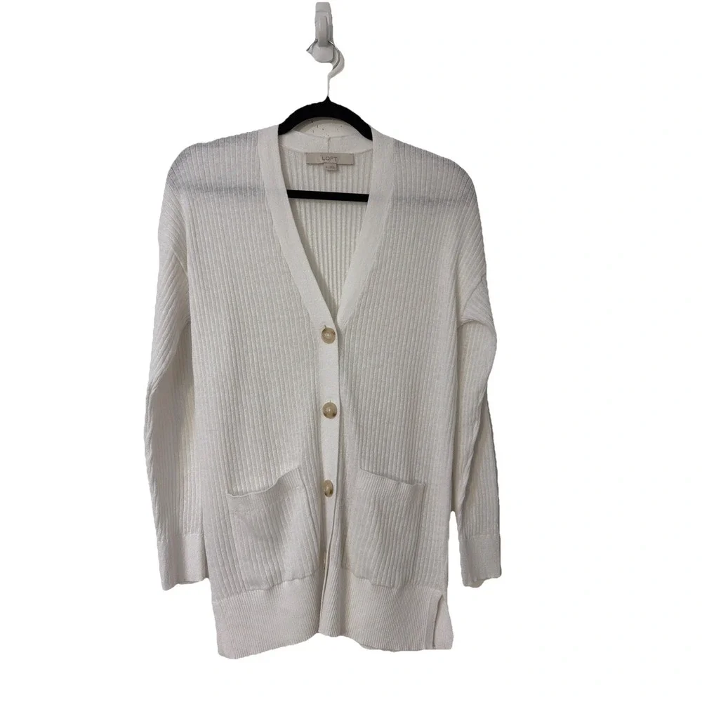 Loft Linen‎ Cardigan Sweater White Women's Size XS Boho Pockets Knit Semi Sheer